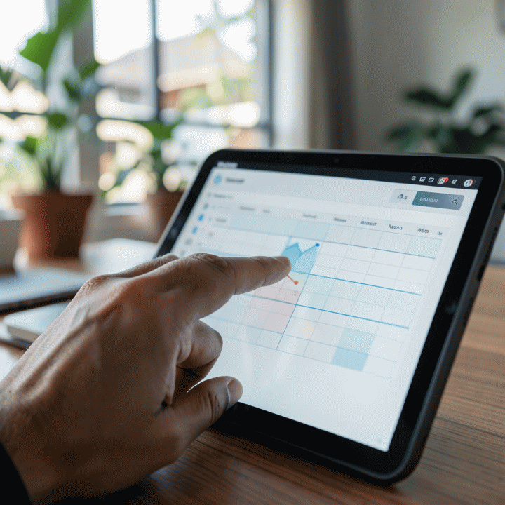 Tangan yang sedang berinteraksi dengan tablet yang menampilkan dashboard perencanaan proyek yang bersih dan abstrak.
