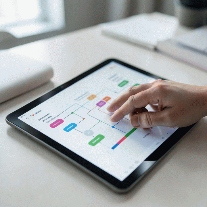 Tangan seseorang berinteraksi dengan antarmuka digital perencanaan yang abstrak di tablet, menunjukkan manajemen tugas yang terstruktur.