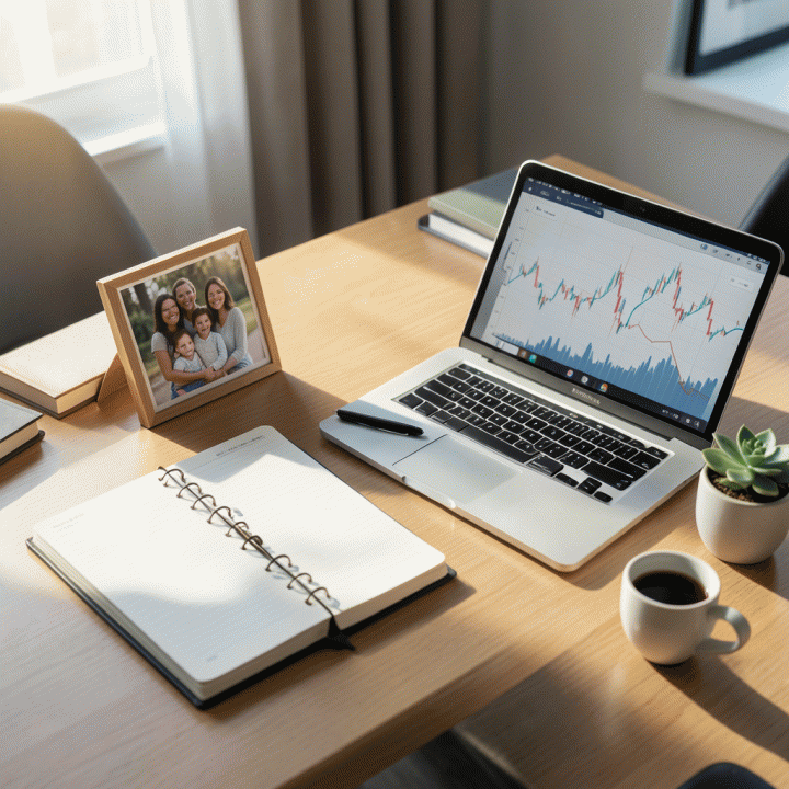 Meja kerja yang rapi dan terorganisir dengan buku agenda, laptop yang menampilkan grafik keuangan, dan dekorasi tanaman kecil, melambangkan perencanaan produktivitas dan keuangan keluarga.