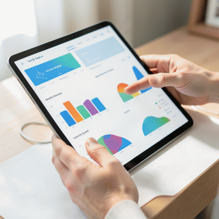 Tangan yang berinteraksi dengan dashboard keuangan digital yang rapi di tablet, menunjukkan kemudahan mengelola anggaran keluarga.