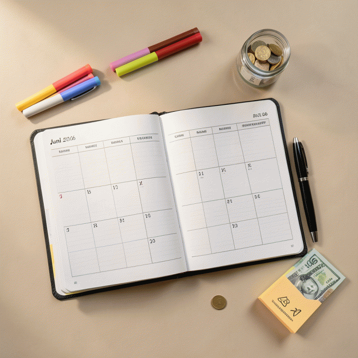 Tampilan datar (flat lay) alat-alat produktivitas seperti planner, stabilo, dan catatan, menunjukkan perencanaan waktu dan rutinitas bulanan.