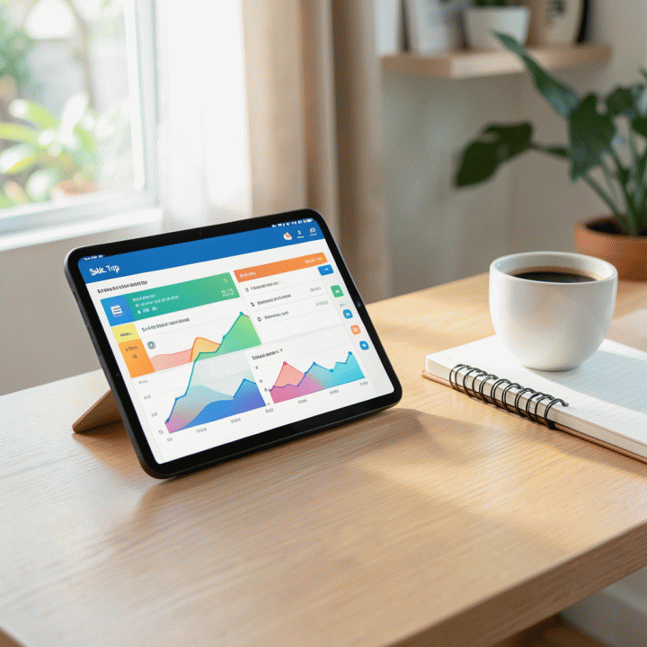 Tampilan meja kerja modern di Indonesia dengan tablet yang menampilkan antarmuka spreadsheet perencanaan perjalanan yang terstruktur, menunjukkan grafik perkembangan dan pelacakan progres, di samping buku catatan dan secangkir kopi.