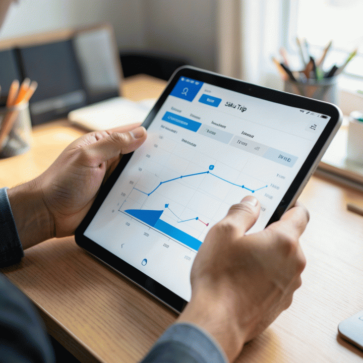 Tangan profesional Indonesia sedang meninjau dan mengukur perkembangan data pada antarmuka spreadsheet di tablet.