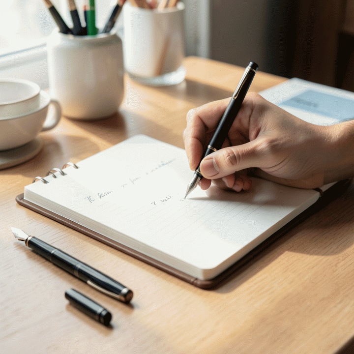 Tangan sedang menulis dalam jurnal perencanaan yang rapi dan minimalis.