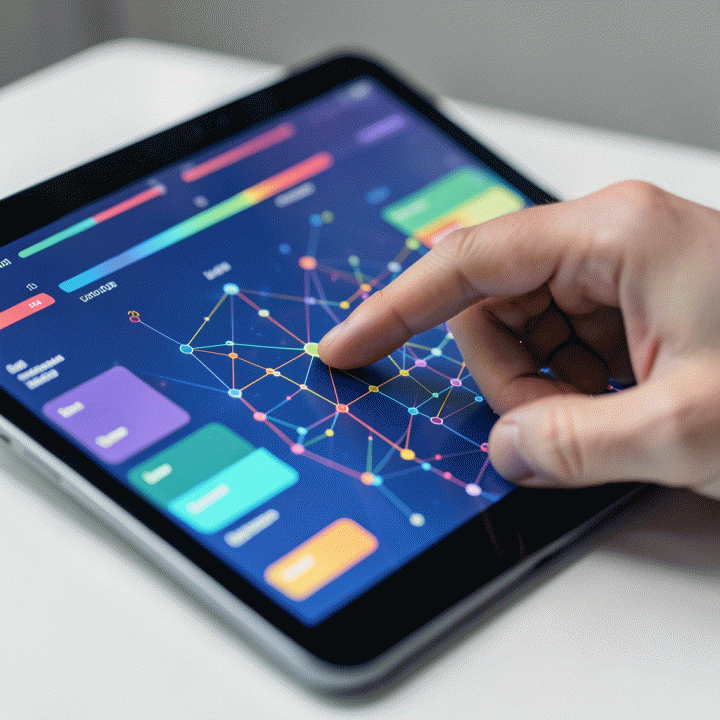 Tangan seseorang berinteraksi dengan tablet yang menampilkan dasbor perencanaan perjalanan abstrak, menunjukkan pengukuran dan optimasi detail.