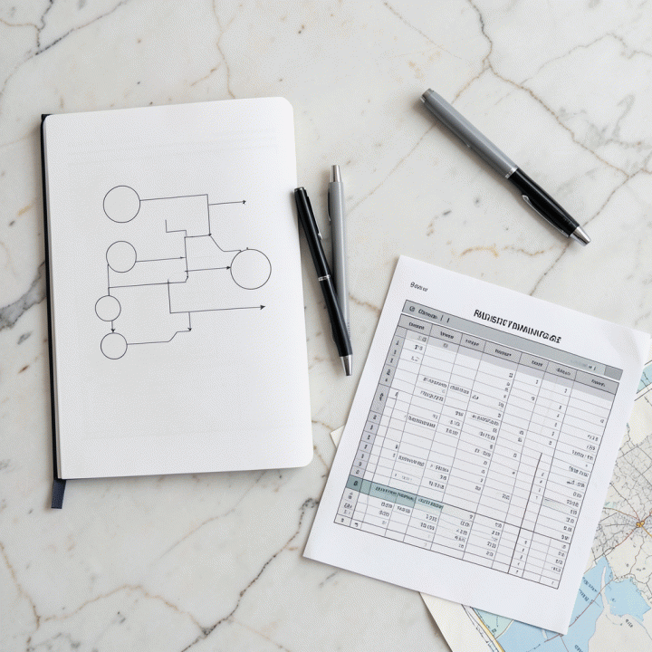 Foto datar yang menampilkan berbagai alat perencanaan: buku catatan, pena, dan visualisasi data terstruktur, melambangkan proses perencanaan yang detail.