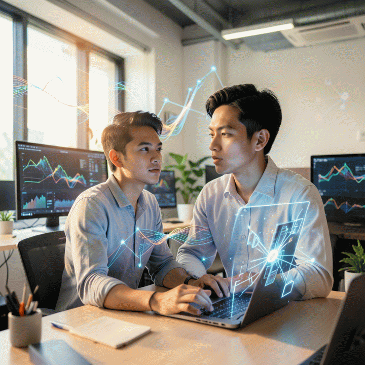 Ilustrasi fotorealistik seorang profesional muda Indonesia yang sedang bekerja di co-working space modern, dikelilingi oleh visualisasi data abstrak dan energi kreatif, melambangkan karier kreator digital di masa depan.