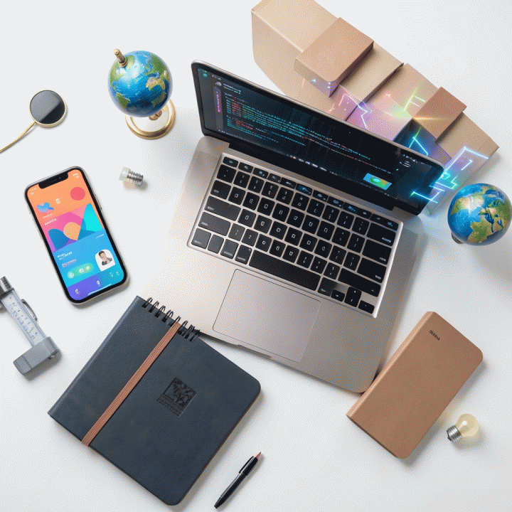 Tampilan datar (flat lay) yang menampilkan berbagai alat digital dan sumber daya kreatif untuk seorang kreator digital, menonjolkan aspek multi-skill dan alat bantu AI.