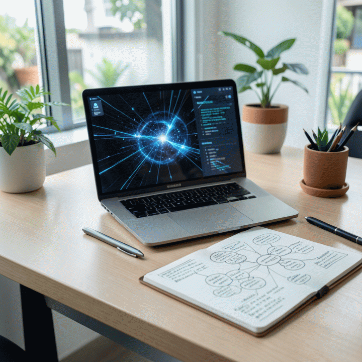 Meja kerja digital modern yang rapi, menampilkan laptop dengan pola data abstrak, menekankan proses perencanaan bisnis digital yang strategis.