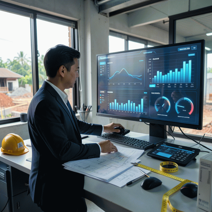 Seorang manajer proyek di ruang kontrol konstruksi futuristik di Indonesia, memantau progres proyek dan kontrol biaya real-time pada dashboard digital yang canggih, menggabungkan elemen tradisional dan teknologi modern.