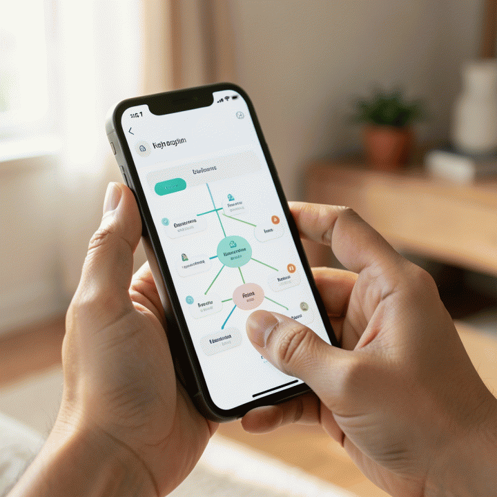 Tampilan aplikasi mobile yang menunjukkan diagram silsilah keluarga yang terstruktur dan interaktif, dilihat dari dekat.