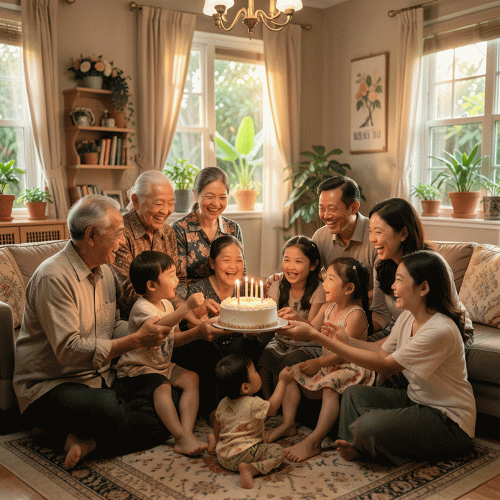 Potret keluarga multi-generasi Indonesia yang merayakan ulang tahun, memancarkan kehangatan, kegembiraan, dan kenangan indah dalam pencahayaan sinematik.