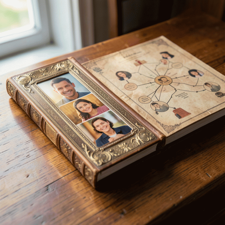 Foto close-up buku kenangan digital atau album foto antik yang terbuka, menampilkan visualisasi silsilah keluarga dan potret hangat.
