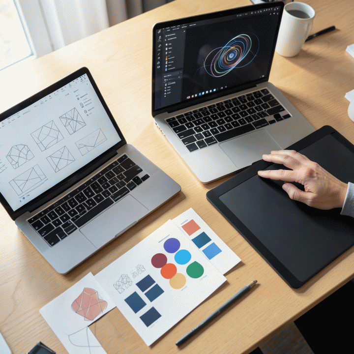 Konsep kreatif dan alat desain yang terintegrasi dengan kecerdasan buatan pada meja kerja profesional, menekankan konsistensi merek digital.