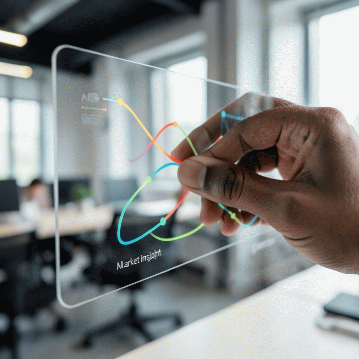 Tangan yang berinteraksi dengan dashboard digital abstrak yang menunjukkan alur kerja riset pasar dan lead generation yang terotomatisasi.