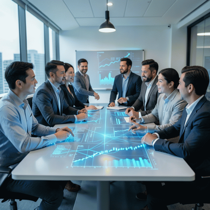Tim profesional yang berdiskusi di meja futuristik yang menampilkan visualisasi data pasar dan pertumbuhan bisnis yang kompleks, melambangkan pengembangan produk dan strategi inovasi.