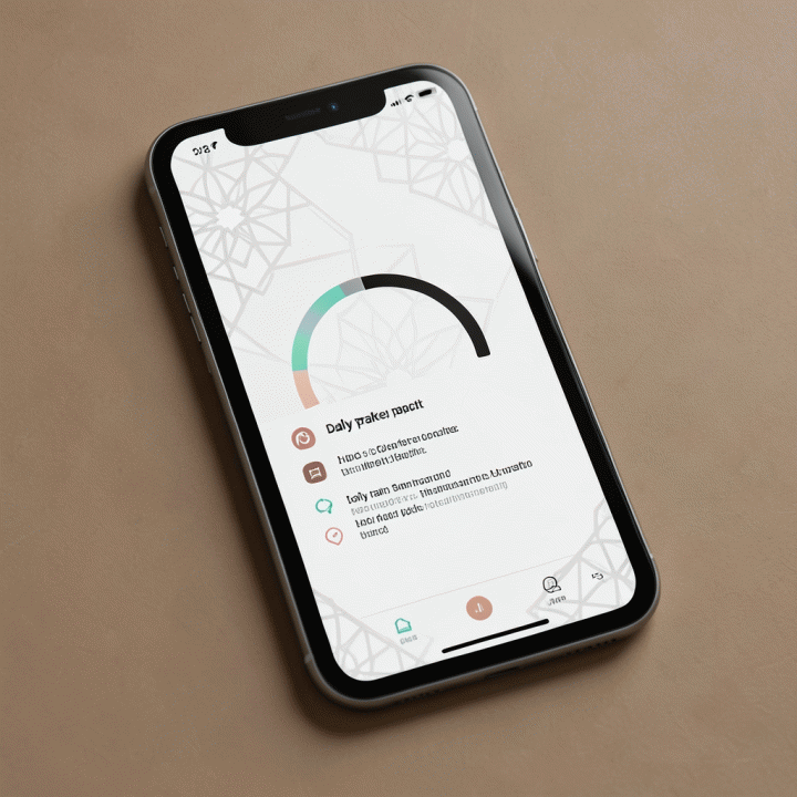 Tampilan digital habit tracker yang minimalis dan estetik pada tablet, menunjukkan pelacakan kebiasaan ibadah harian dengan ikon dan progres visual tanpa teks yang terbaca.