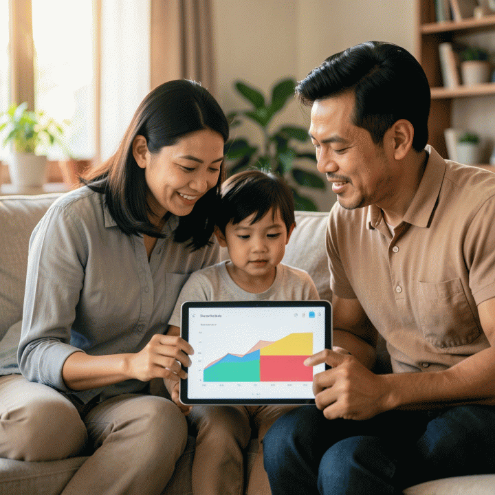 Keluarga Indonesia yang hangat melihat informasi nilai sekolah di layar tablet, melambangkan kemudahan pengecekan rapor online modern dan digital.