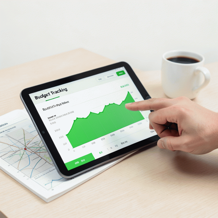 Detail tangan yang menunjukkan fitur pelacak anggaran (budget tracking) pada aplikasi travel planner di tablet.