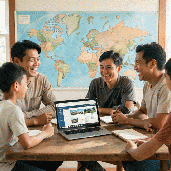 Keluarga muda Indonesia yang bahagia merencanakan perjalanan impian menggunakan aplikasi travel planner digital di meja yang rapi.