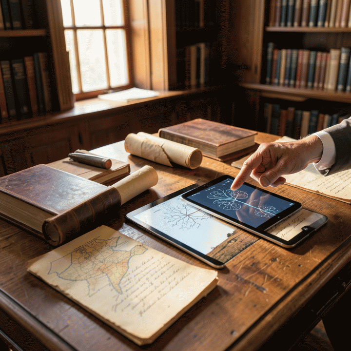 Tangan menunjuk pada silsilah keluarga digital yang terintegrasi dengan jurnal dan foto-foto kuno di meja kerja yang hangat, melambangkan riset genealogi yang terstruktur.