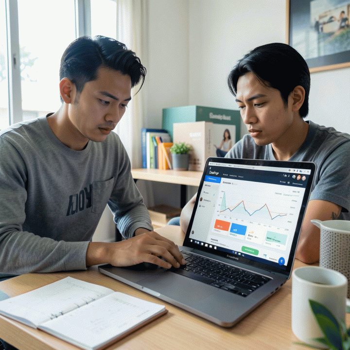 Seorang pengusaha e-commerce Indonesia yang sedang menganalisis data penjualan potensi produk best-seller di layar dashboard profesional, melambangkan riset produk yang efisien dan data-driven.