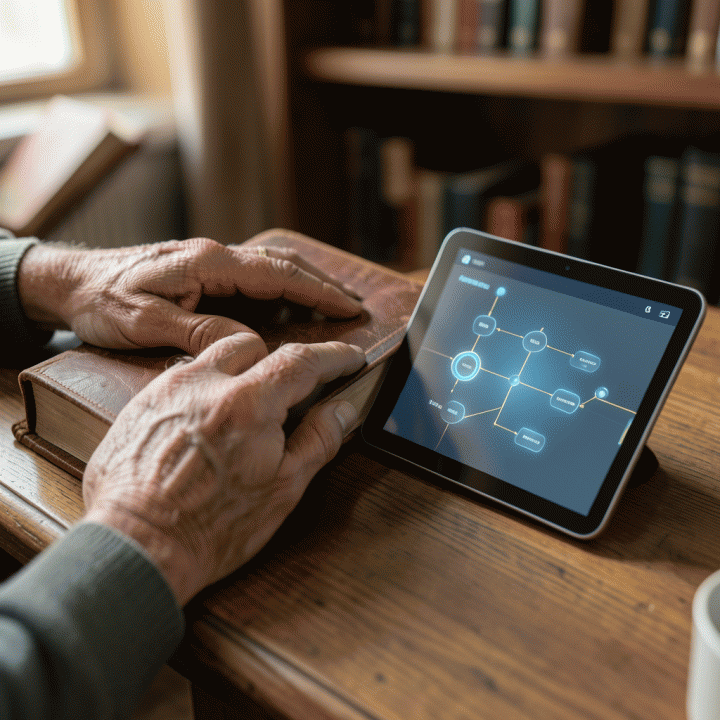 Perbandingan antara album foto fisik usang dengan antarmuka silsilah digital yang rapi di tablet, menunjukkan transisi dari memori fisik ke digital.