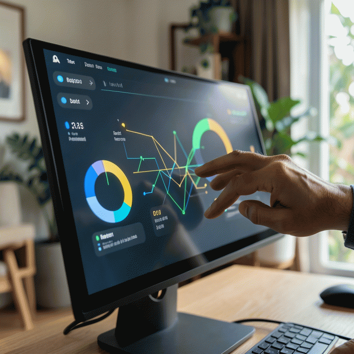 Tangan yang sedang berinteraksi dengan dashboard digital keuangan yang abstrak, menunjukkan pemantauan dan pengelolaan utang yang terstruktur.