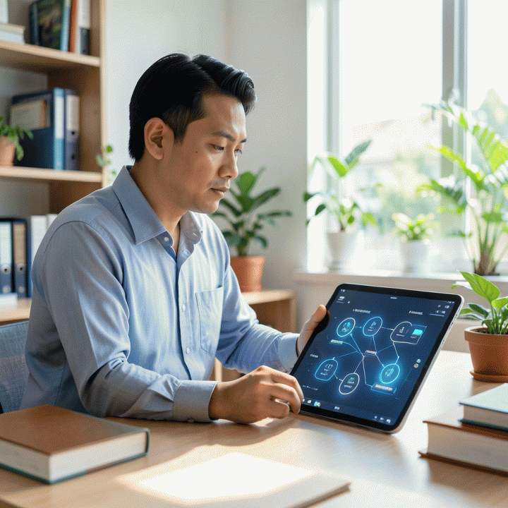 Seorang guru profesional di Indonesia menggunakan tablet modern di ruang kelas yang terang, menunjukkan konsep bantuan AI dalam merencanakan materi pembelajaran (RPP dan Modul Ajar) dengan suasana efisien dan terstruktur.