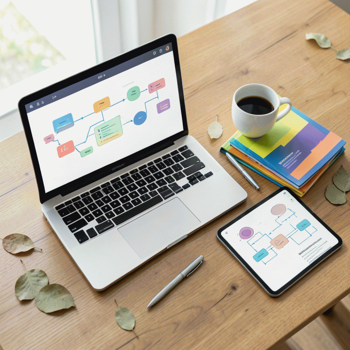 Foto datar (flat lay) meja kerja modern dengan laptop dan tablet yang menampilkan diagram pembelajaran abstrak, dikelilingi oleh perlengkapan mengajar Indonesia yang rapi.