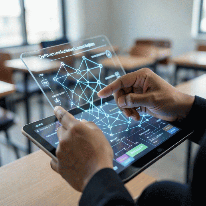 Tangan seorang guru berinteraksi dengan antarmuka holografik di tablet, menampilkan alur pembelajaran berdiferensiasi yang kompleks dan terstruktur.