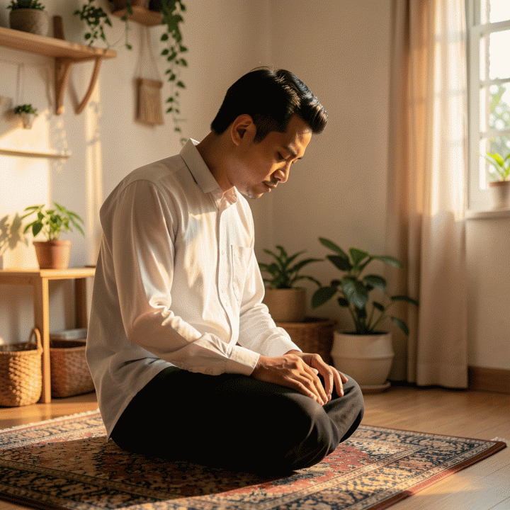 Seorang pria Muslim muda Indonesia yang sedang salat sunnah dengan suasana tenang dan penuh kekhusyukan di rumah.