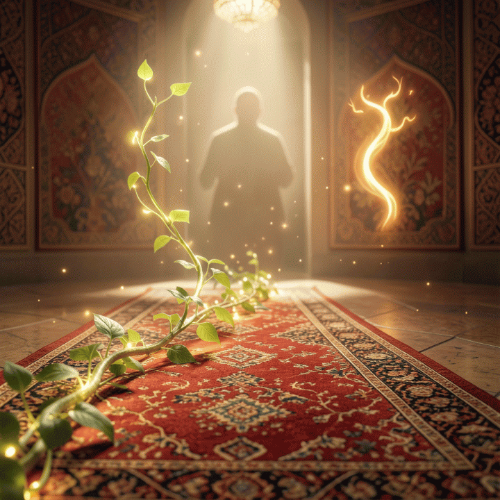 Visualisasi pertumbuhan konsistensi ibadah spiritual dengan jalur bercahaya.