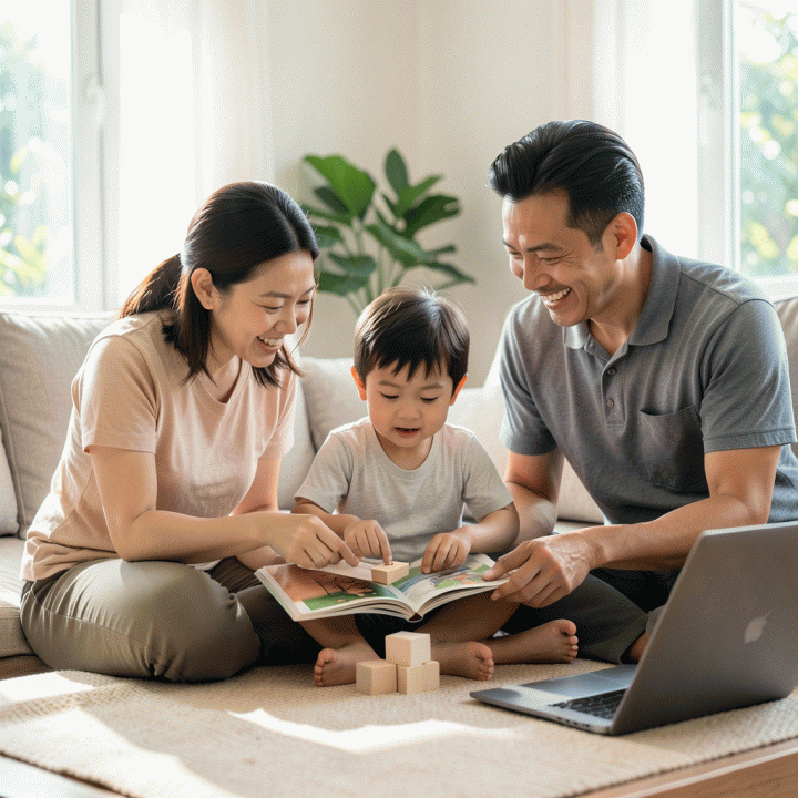 Keluarga modern Indonesia yang bahagia dan seimbang, berinteraksi dalam kegiatan non-layar di ruang tamu yang cerah, melambangkan parenting mindful dan manajemen waktu layar anak.