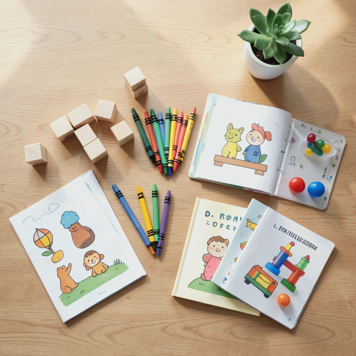 Komposisi flat lay materi belajar fisik yang menarik dan terorganisir, menunjukkan aktivitas belajar tangan (hands-on learning) untuk anak-anak.