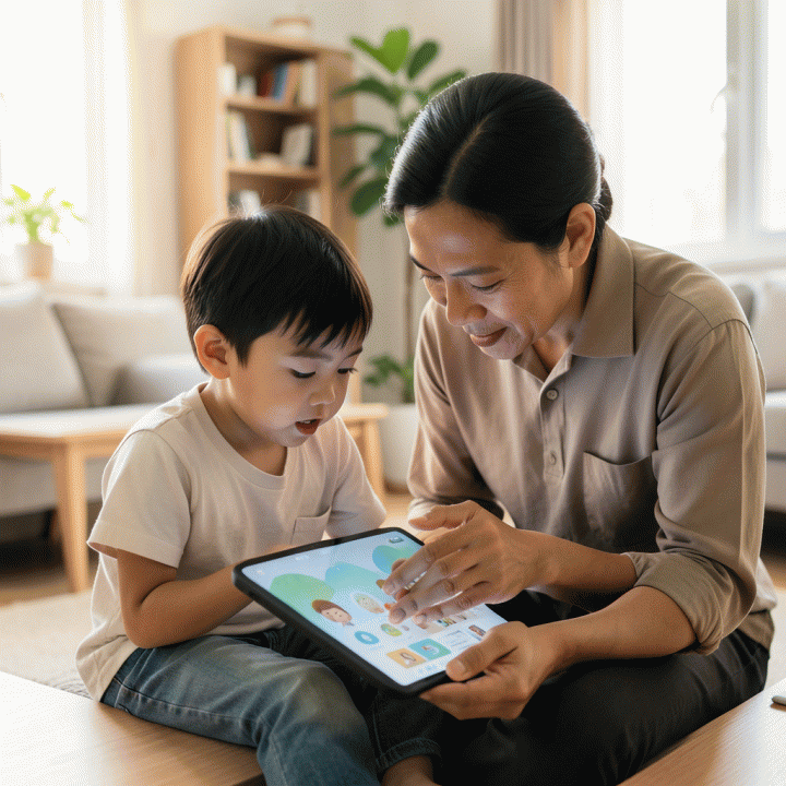 Orang tua Indonesia yang membimbing anak dalam kegiatan belajar menggunakan perangkat digital, menekankan interaksi positif dan pembelajaran yang terarah.
