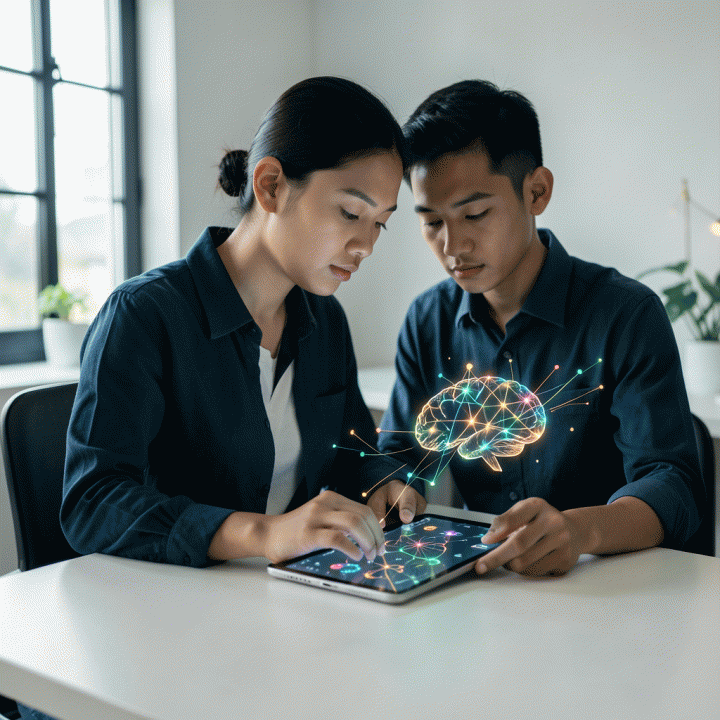 Seorang profesional muda Indonesia sedang melakukan self-assessment menggunakan tablet modern, dengan visualisasi jaringan logika dan pola pikir yang bercahaya, melambangkan proses penemuan potensi diri yang objektif.