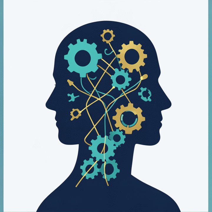 Ilustrasi konseptual yang menunjukkan pemetaan potensi diri dan kemampuan kognitif manusia, menggunakan elemen roda gigi dan jalur cahaya yang terstruktur.