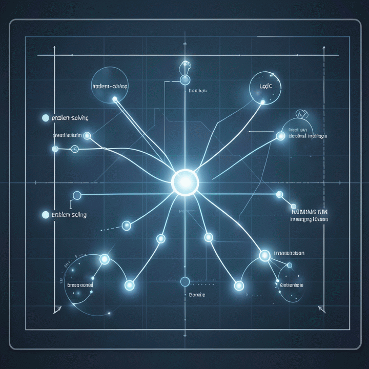 Visualisasi digital abstrak yang menunjukkan pemetaan berbagai potensi dan keterampilan kognitif.