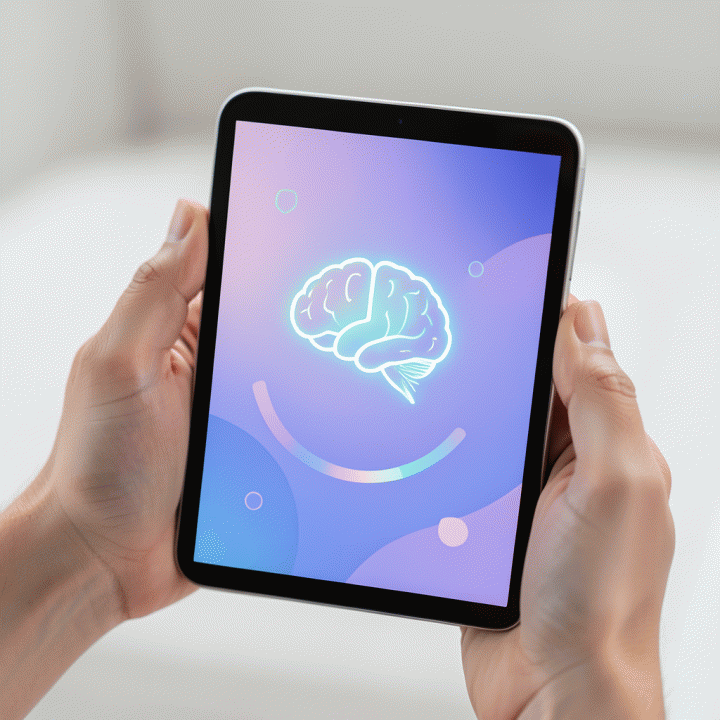 Tangan memegang tablet menampilkan antarmuka asesmen kognitif abstrak tanpa teks.