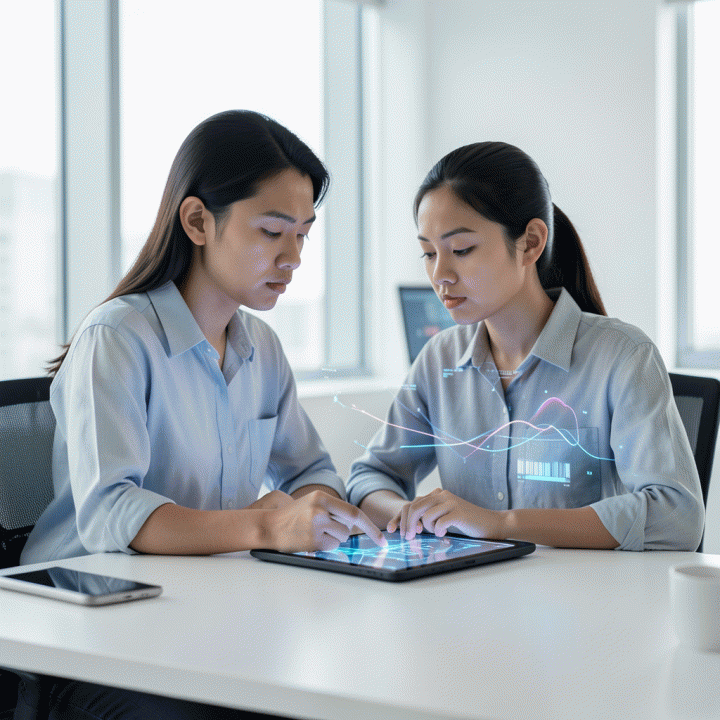 Profesional muda Indonesia yang fokus melakukan asesmen diri pada antarmuka digital modern, melambangkan pengukuran potensi dan pengembangan karir.