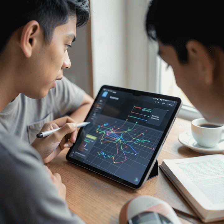 Mahasiswa melakukan asesmen potensi diri menggunakan tablet digital, menunjukkan analisis pola pikir.
