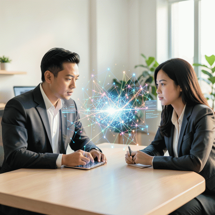 Pasangan profesional muda Indonesia yang berinteraksi dengan visualisasi data kognitif abstrak di meja kerja modern, melambangkan asesmen potensi diri dan karir.