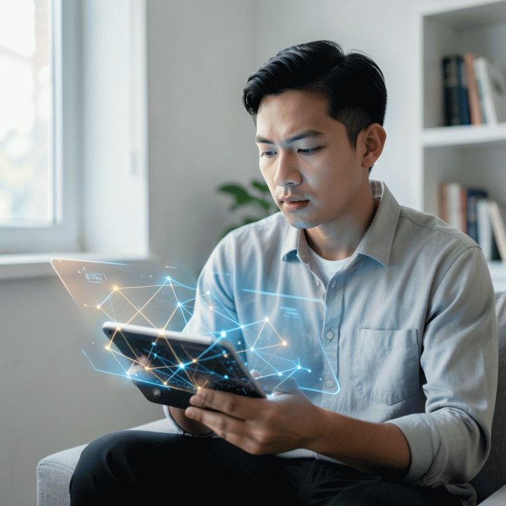 Seorang profesional muda Indonesia yang sedang melakukan self-assessment kognitif menggunakan antarmuka holografik abstrak yang menampilkan pola data dan potensi kecerdasan.