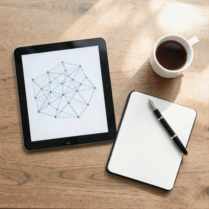 Tampilan datar minimalis dari meja kerja yang berisi tablet dengan diagram abstrak, buku catatan, dan alat tulis, melambangkan perencanaan dan asesmen diri.