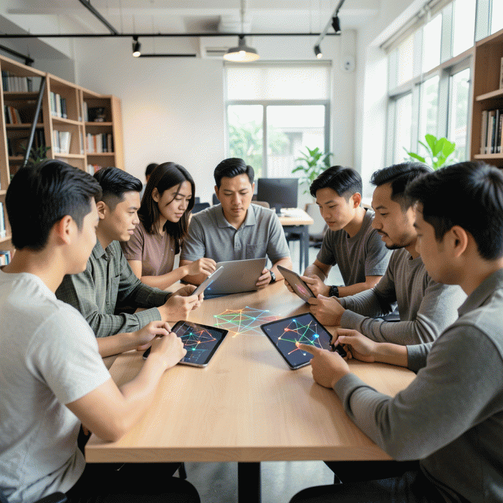 Sekelompok profesional muda Indonesia yang fokus menganalisis pola logika dan potensi kognitif menggunakan perangkat digital di lingkungan belajar modern.