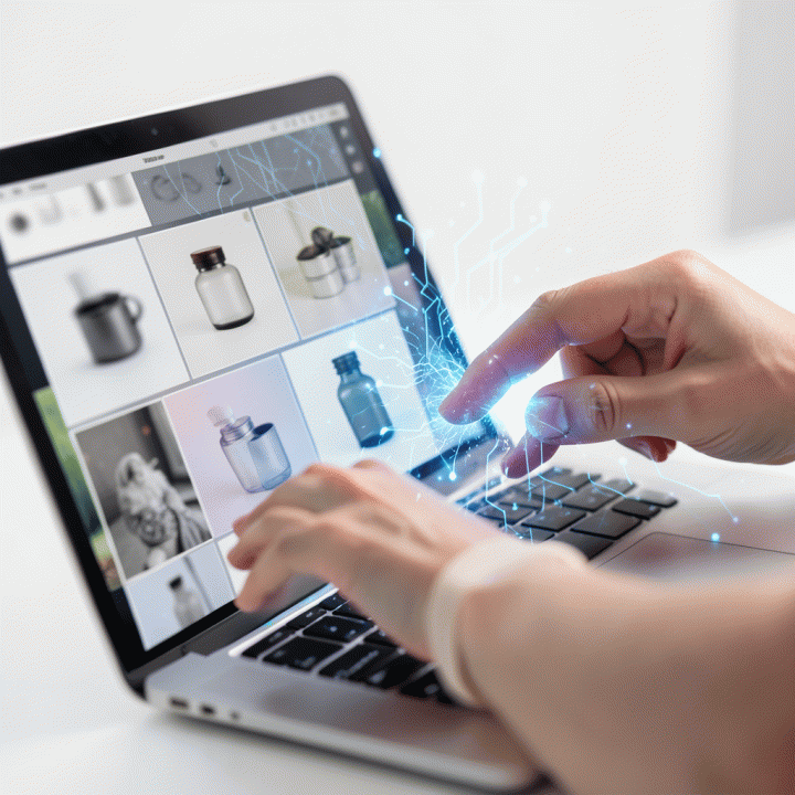 Tangan yang menunjukkan proses peningkatan kualitas foto produk dari resolusi rendah menjadi sangat tinggi menggunakan perangkat lunak berbasis AI di layar laptop.
