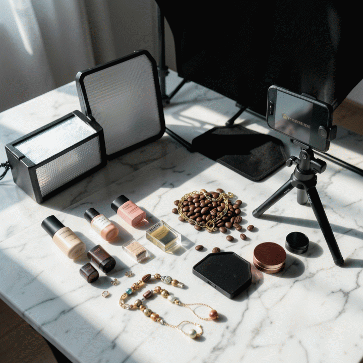 Setup foto produk e-commerce profesional yang siap ditingkatkan kualitasnya menggunakan teknologi AI, menampilkan alat bantu fotografi dan produk di latar marmer bersih.