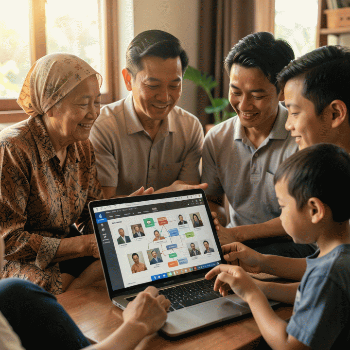 Keluarga Indonesia lintas generasi berkumpul di depan laptop yang menampilkan silsilah keluarga digital yang rapi, melambangkan pelestarian warisan leluhur secara modern.