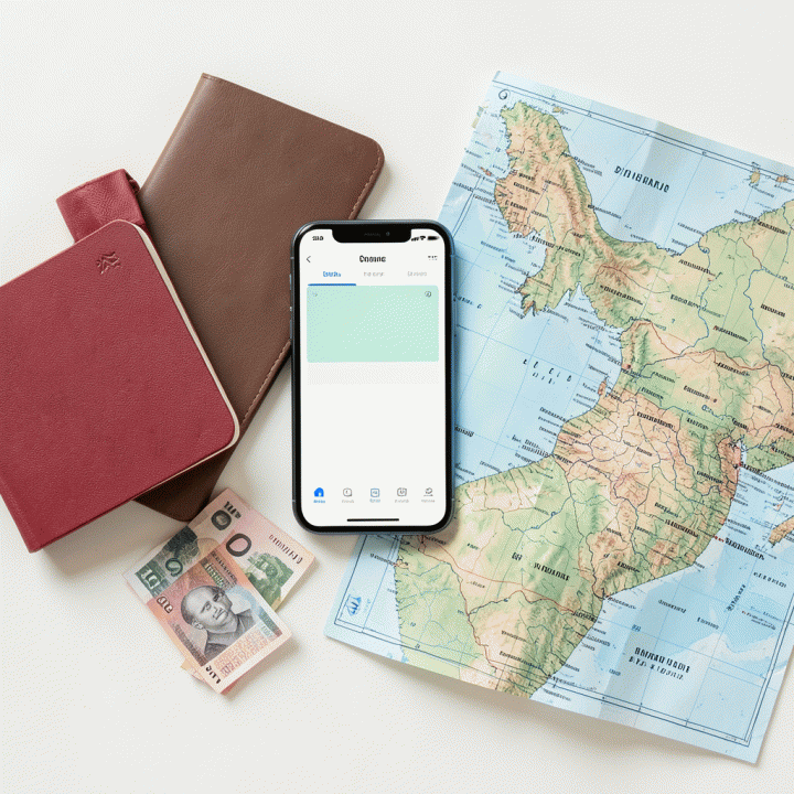 Komposisi flat lay berisi perlengkapan perencanaan perjalanan grup yang rapi, menunjukkan manajemen anggaran yang terstruktur.